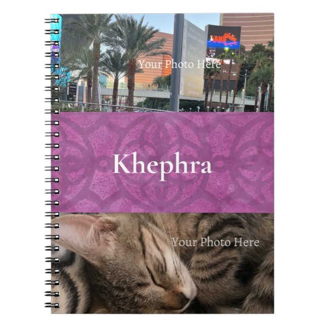 Deep Orchid Purple Batik Name and Photo Collage Notebook (Front)