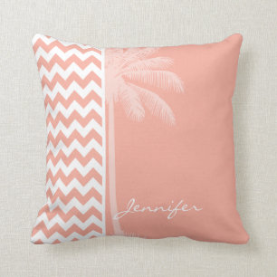 Deep Peach Chevron; Summer Palm Throw Pillow