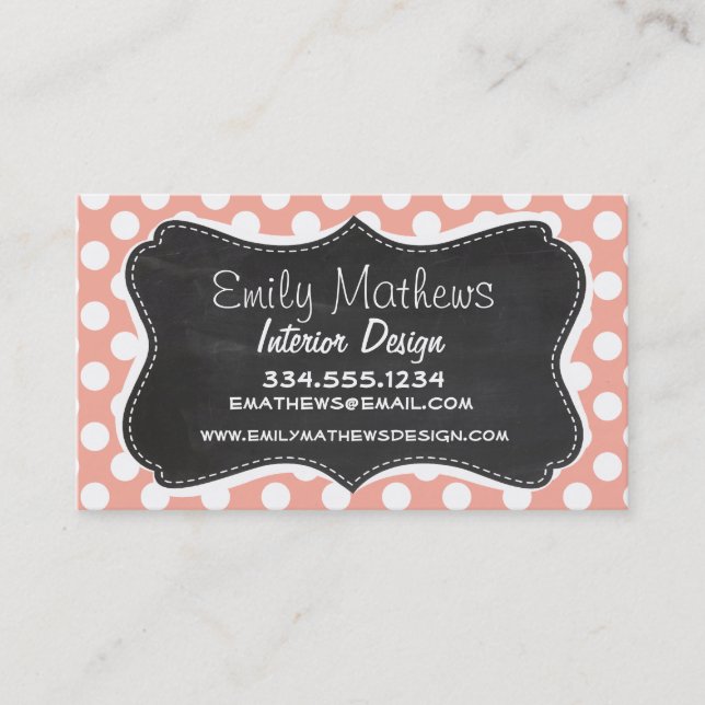 Deep Peach Polka Dots; Chalkboard Business Card (Front)