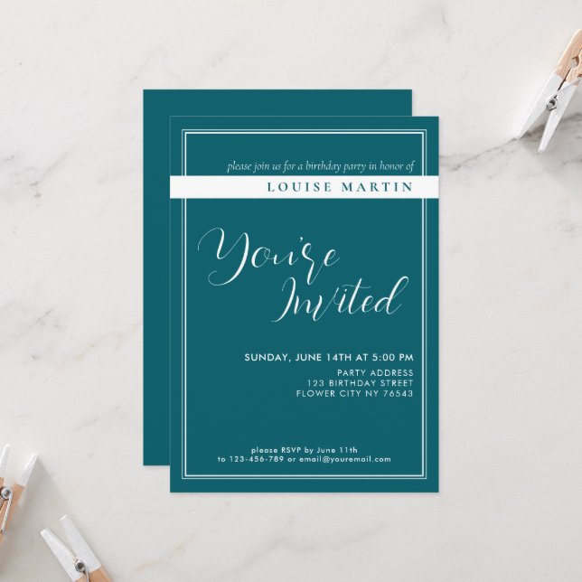 Deep Petrol Custom Birthday Invitation (Front/Back In Situ)