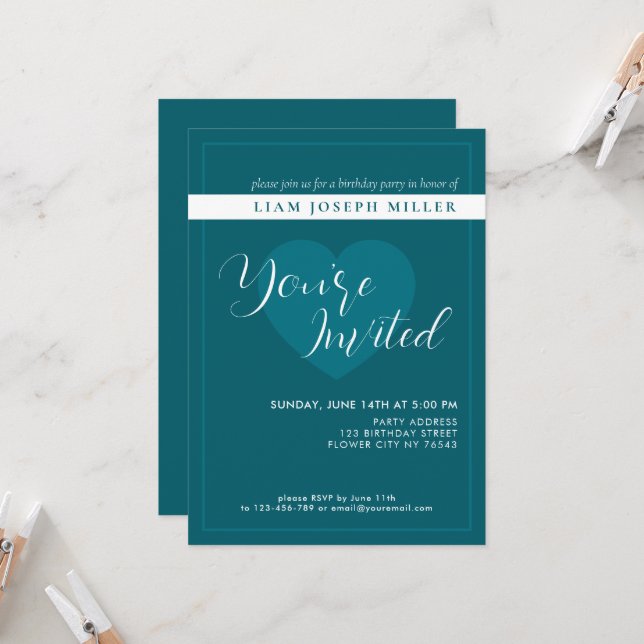 Deep Petrol Custom Script Birthday Invitation (Front/Back In Situ)