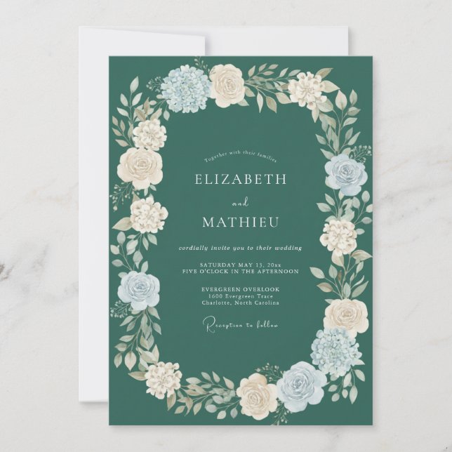 Deep Petrol Petal Wedding Invitation (Front)