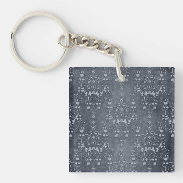 Deep Pewter Silvery Grey Floral Damask Pattern Keychain (Front)