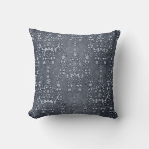 Deep Pewter Silvery Grey Floral Damask Pattern Throw Pillow