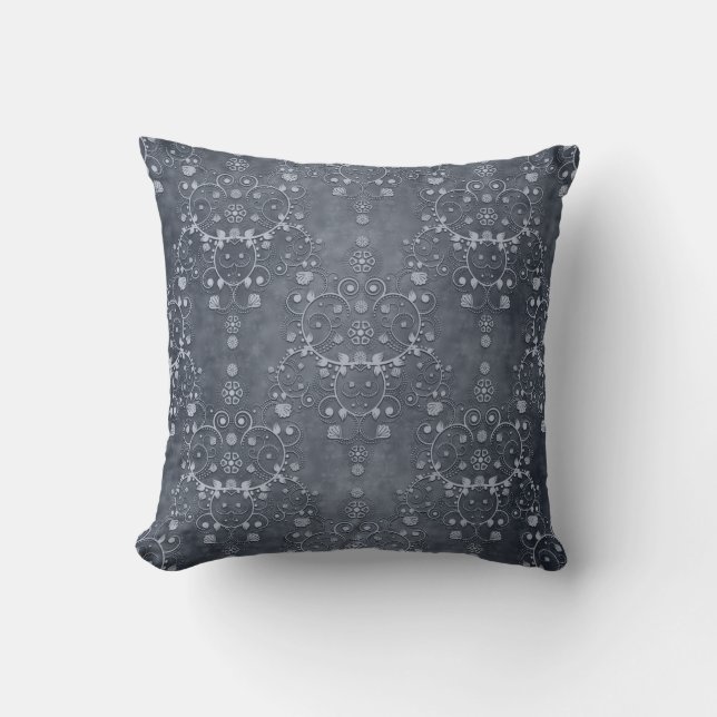 Deep Pewter Silvery Grey Floral Damask Pattern Throw Pillow (Front)