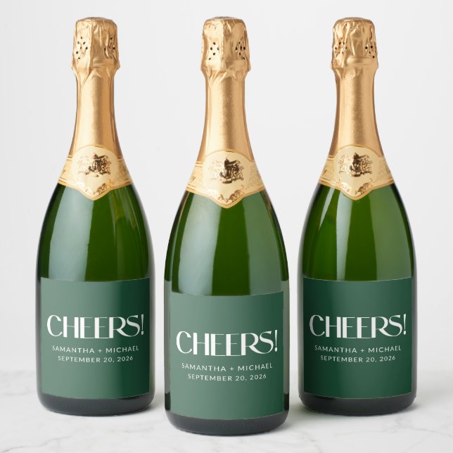 Deep Pine Decorative Serif Wedding Cheers Sparkling Wine Label (Bottles)