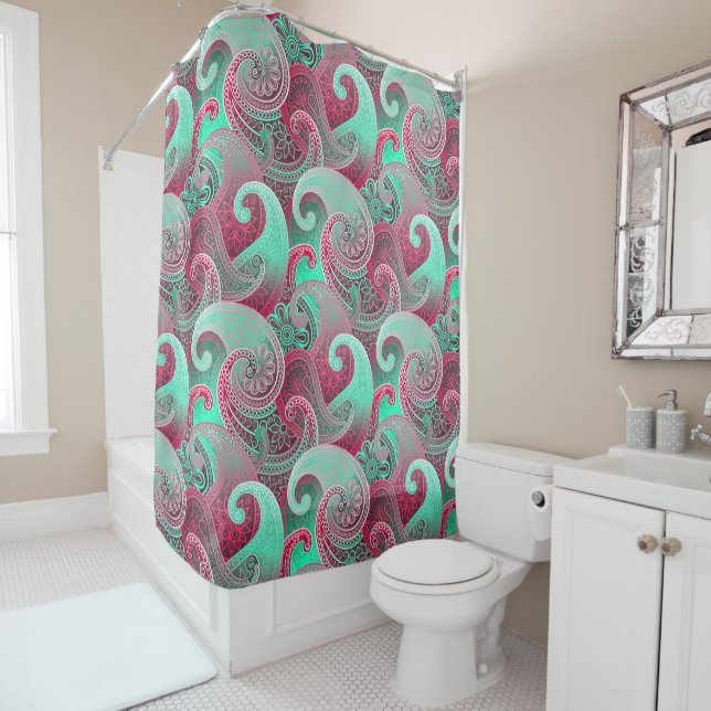 Deep Pink and Aqua Paisley Boho Damask Pattern (In Situ)