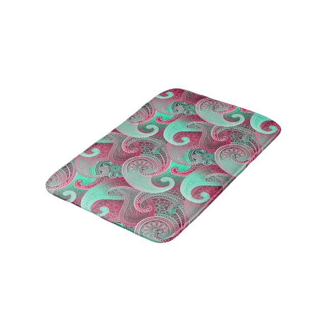Deep Pink and Aqua Paisley Damask Pattern Bath Mat (Angled)