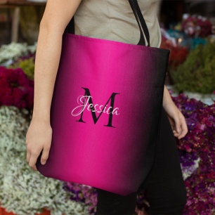 Deep Pink and Black Ombre Elegant Monogram Tote Bag