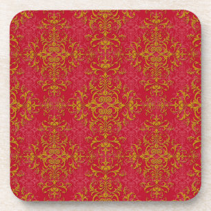 Deep Pink and Gold Elegant Damask Style Pattern Coaster