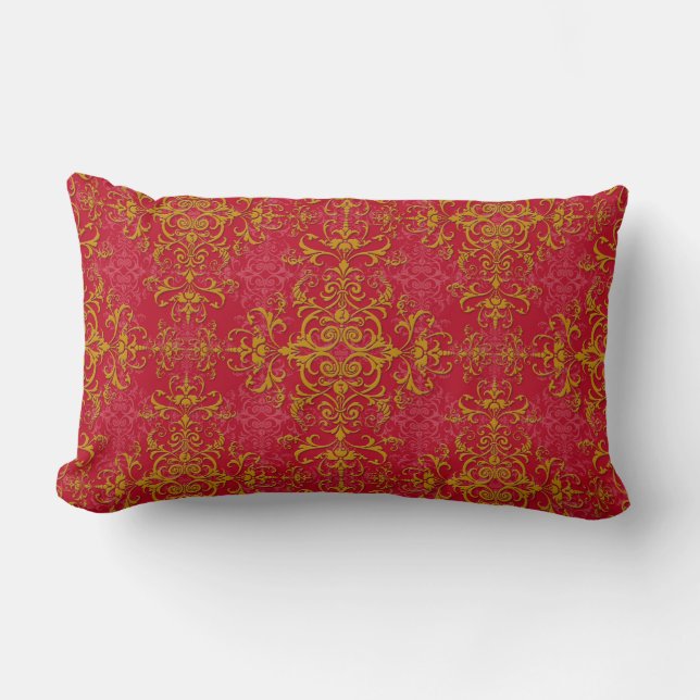 Deep Pink and Gold Elegant Damask Style Pattern Lumbar Pillow (Front)