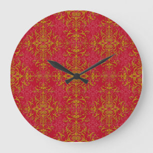 Deep Pink and Gold Fancy Damask Style Pattern Large Clock