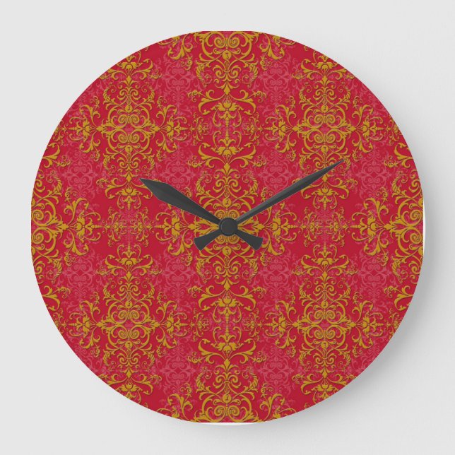 Deep Pink and Gold Fancy Damask Style Pattern Large Clock (Front)
