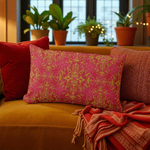 Deep Pink and Gold Fancy Damask Style Pattern Lumbar Pillow