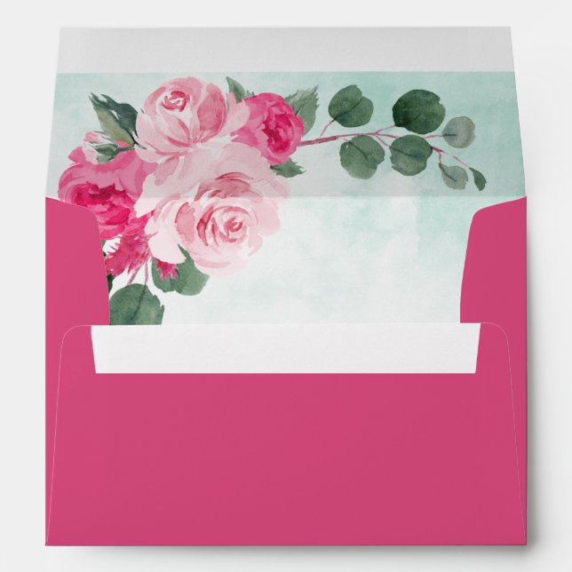 Deep Pink and Green Watercolor Floral Wedding Envelope (Back (Bottom))