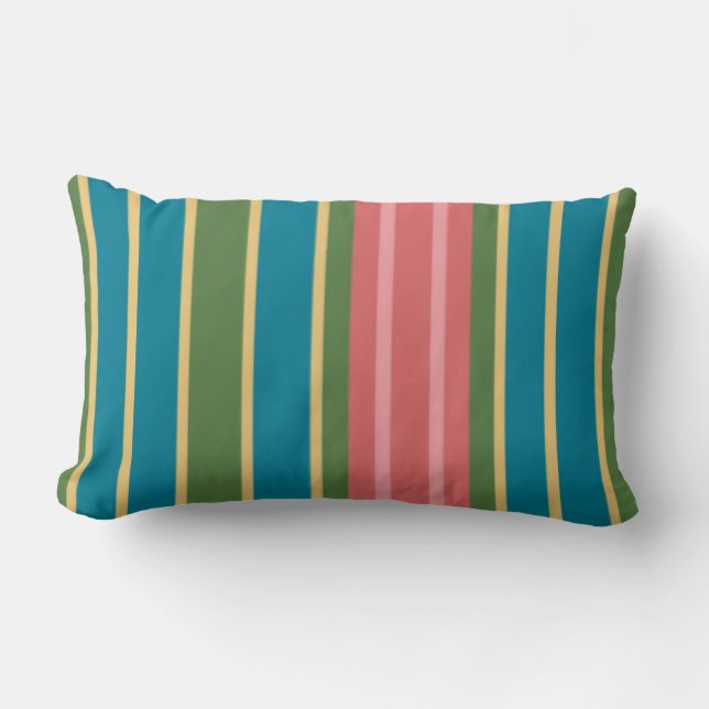 Deep Pink, Blue, Green Striped Lumbar Pillow (Front)