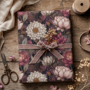Deep Pink & Cream Dahlia Botanical Vintage Floral Wrapping Paper