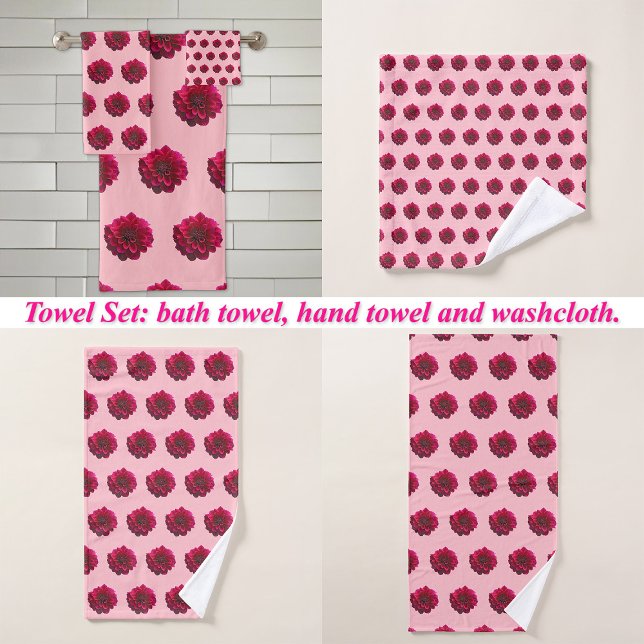 Deep Pink Dahlia Flower Seamless Pattern on Bath Towel Set (Deep pink Dahlia flower seamless pattern on bath towel set: wash cloth, hand towel and bath towel)