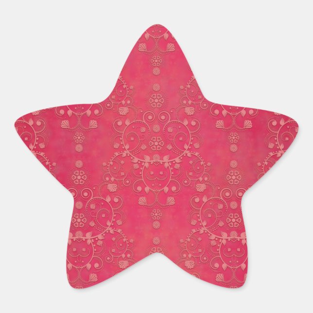 Deep Pink Floral Damask Pattern Star Sticker (Front)