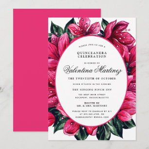 Deep Pink Floral Quinceanera Invitation