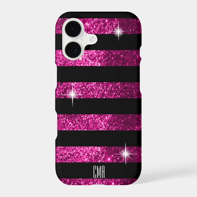 Deep Pink Glitter & Black Stripes | Monogram (Back)