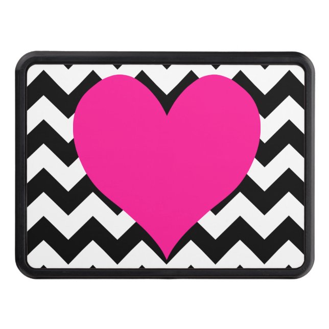 Deep Pink Heart on Black and White Zigzag Trailer Hitch Cover (Front)