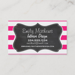 Deep Pink Horizontal Stripes; Chalkboard look Business Card