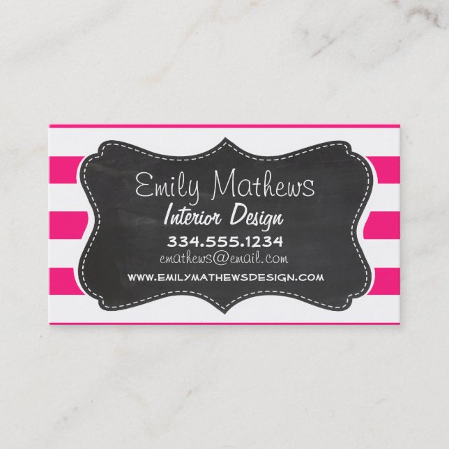 Deep Pink Horizontal Stripes; Chalkboard look Business Card (Front)