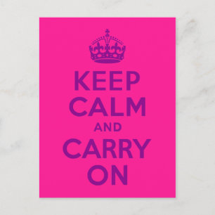 Deep Pink Keep Calm and Carry On Postcard