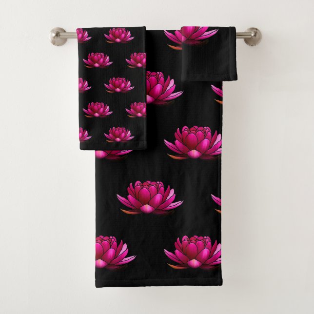 Deep Pink Lotus Flowers on Black Bath Towel Set (Insitu)