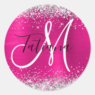 Deep Pink Ombre Foil Silver Glitter Monogram Classic Round Sticker