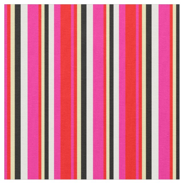 Deep Pink, Red, Tan, Black & Mint Cream Coloured Fabric (Close Up)