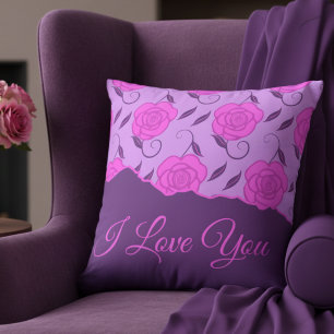 Deep Pink Roses On Purple Love You Throw Pillow