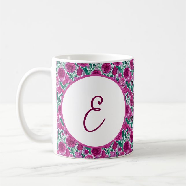 Deep pink roses pattern monogram coffee mug (Left)