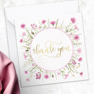 Deep Pink Wildflower And Gold Thank You Note Card
