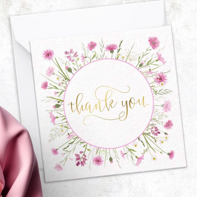 Deep Pink Wildflower Gold Script Thank You  Card (Creator Uploaded)