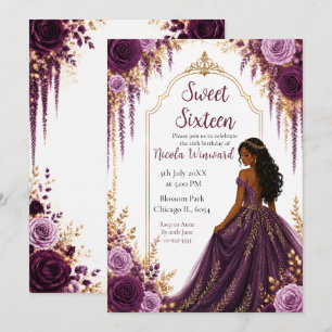 Deep Plum and Gold Floral Sweet Sixteen Invitation