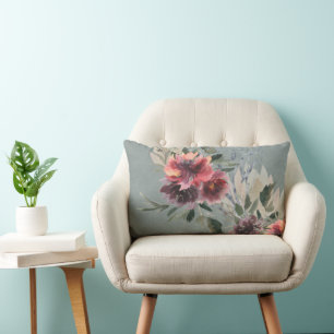 Deep Plum and Peach Peonies Distressed Grey   Lumbar Pillow