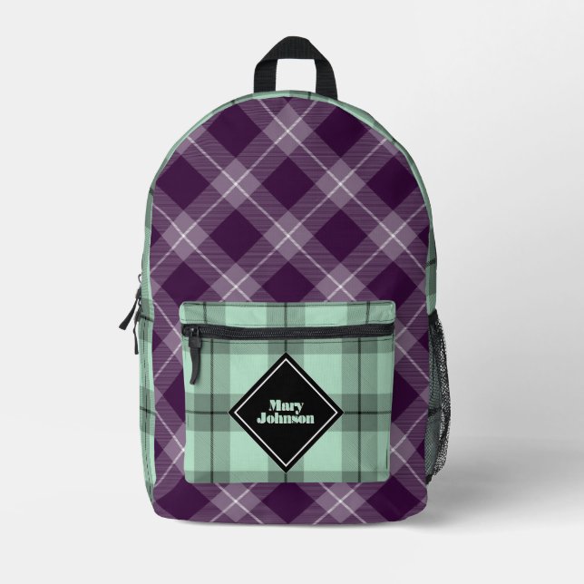 Deep plum and soft green Plaid  personalized  Printed Backpack (Front)