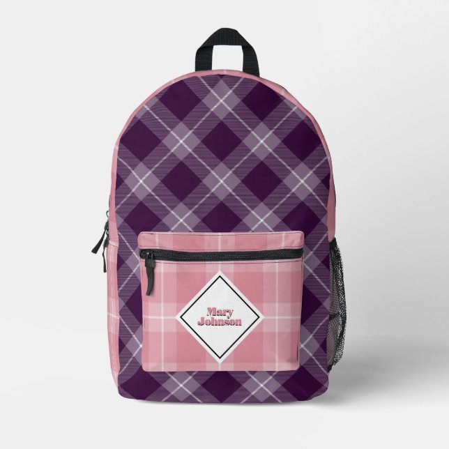 Deep plum and soft pink Plaid  personalized  Printed Backpack (Front)