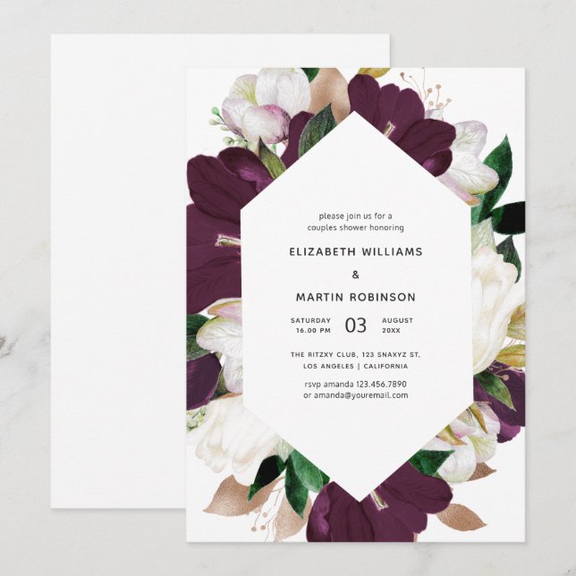 Deep Plum and White Spring Floral Couples Shower Invitation (Front/Back)