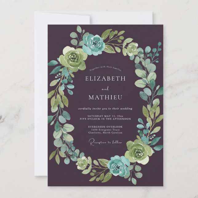 Deep Plum Aqua Botanical Wedding Invitation (Front)