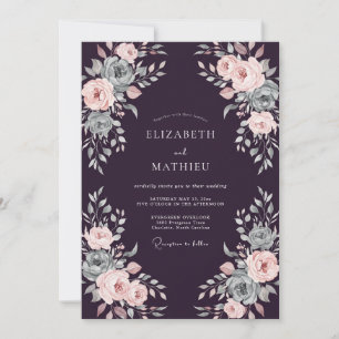 Deep Plum Blush Ranunculus Eucalyptus Wedding Invitation