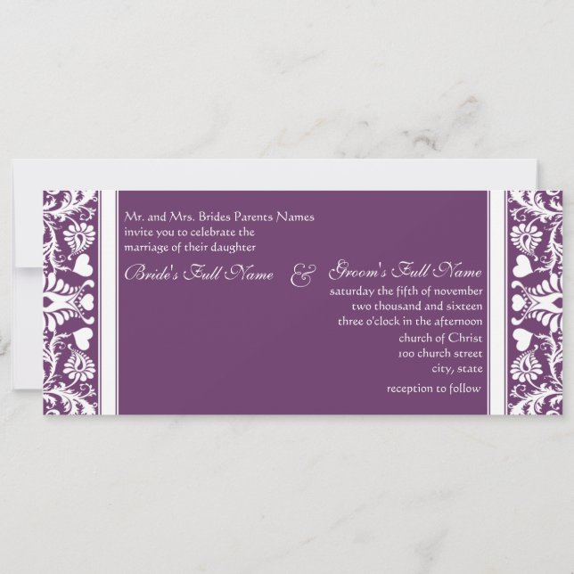Deep Plum Damask Swirls Wedding Invitation (Back)
