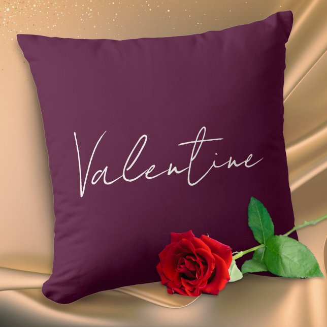 Deep Plum Elegant Custom Message Valentine's Day Throw Pillow (An elegant pillow in deep plum red, with 'Valentine' on the front and personalized text on the back)