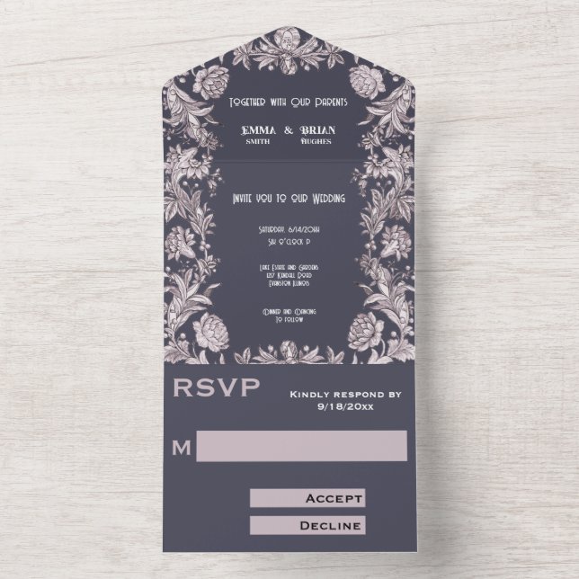 Deep Plum etched floral All in One Wedding Invite (Inside)