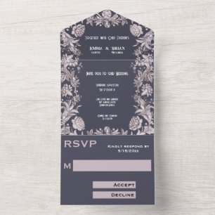 Deep Plum etched floral All in One Wedding Invite
