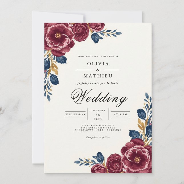 Deep Plum Floral Border Wedding Invitation (Front)