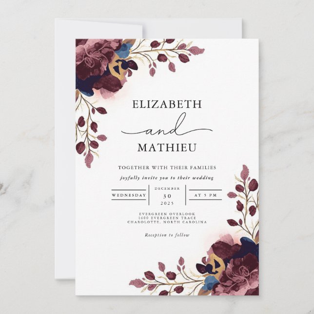 Deep Plum Floral Botanical Wedding Invitation (Front)