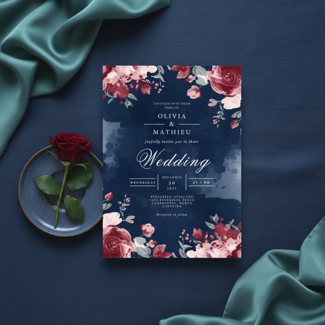 Deep Plum Floral Watercolour Wedding Invitation (Creator Uploaded)